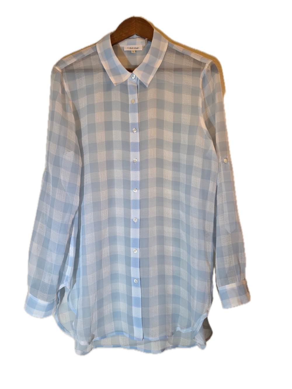 Calvin Klein Blouse Womens L Blue Check Tunic Sheer Chiffon Relaxed Lightweight